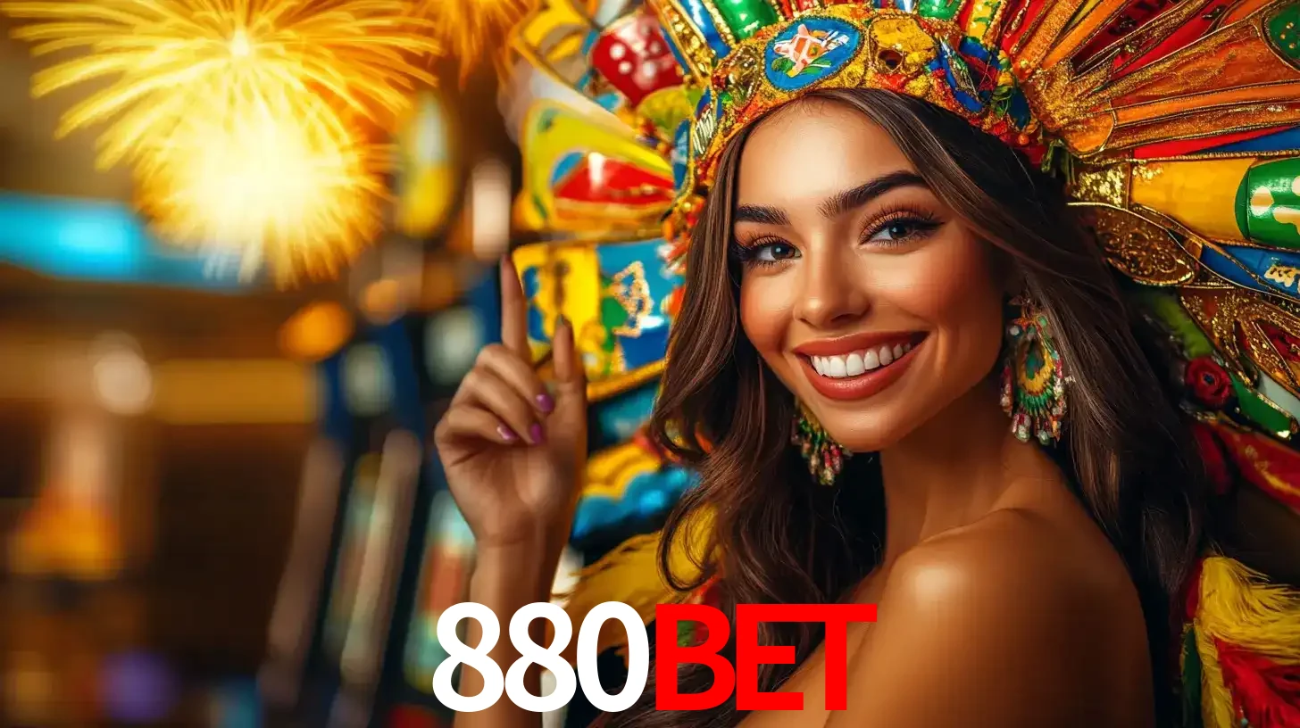 Mulher sorridente com um cocar de carnaval vibrante e colorido, celebrando uma grande vitória nos jogos do cassino 880bet com fogos de artifício ao fundo.