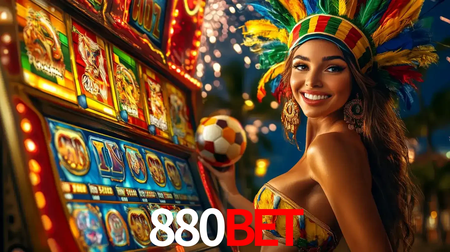 Mulher com um cocar de carnaval ao lado de uma máquina de caça-níqueis enquanto segura uma bola de futebol, mostrando a união da diversão de cassino e esportes no 880bet.