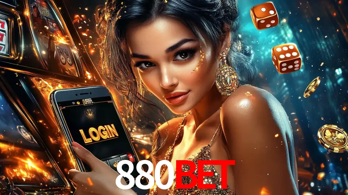 Mulher glamourosa segurando um celular com a tela de login do cassino 880bet, rodeada por dados e moedas douradas, pronta para começar a diversão.