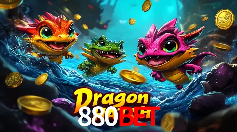 Arte promocional do jogo Dragon Hatch com três adoráveis dragões bebês nadando entre moedas de ouro, um dos slots mais divertidos para jogar no cassino 880bet.