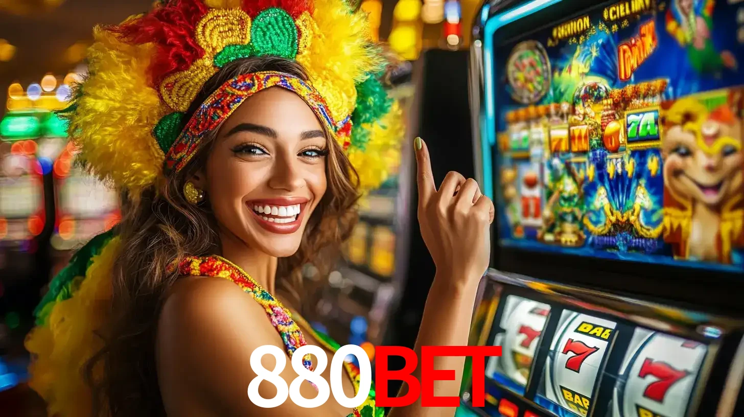 Mulher animada com um cocar de carnaval apontando para uma máquina de caça-níqueis, mostrando a emoção de ganhar um grande prêmio nos jogos do 880bet.