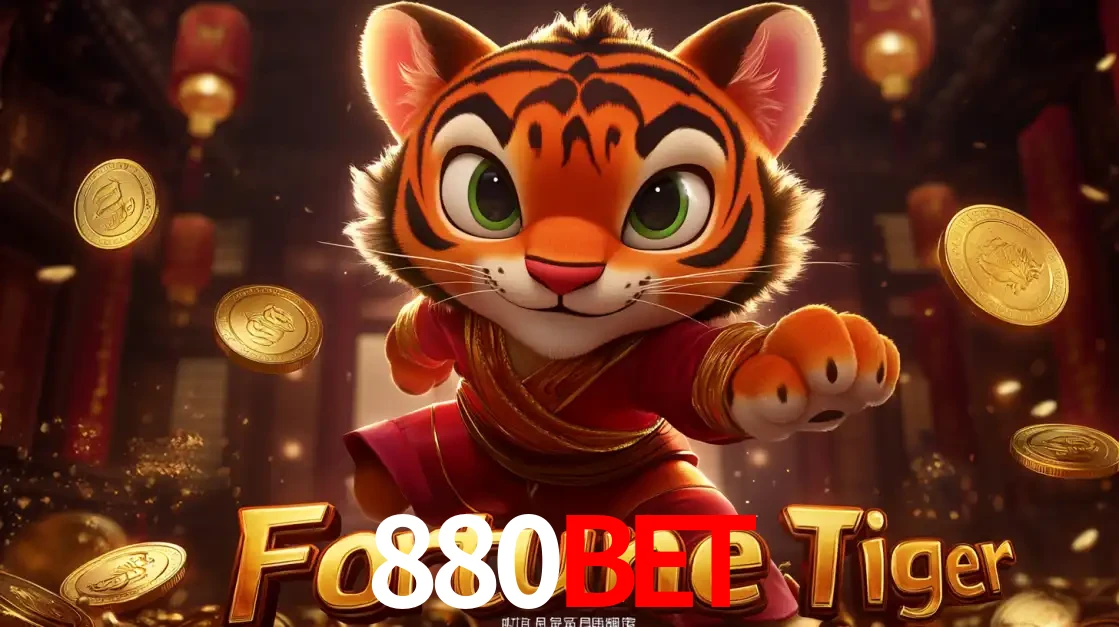 O carismático mascote do jogo de slot Fortune Tiger, um tigre fofo em pose de artes marciais, pronto para trazer sorte e multiplicadores de ganhos no cassino online 880bet.