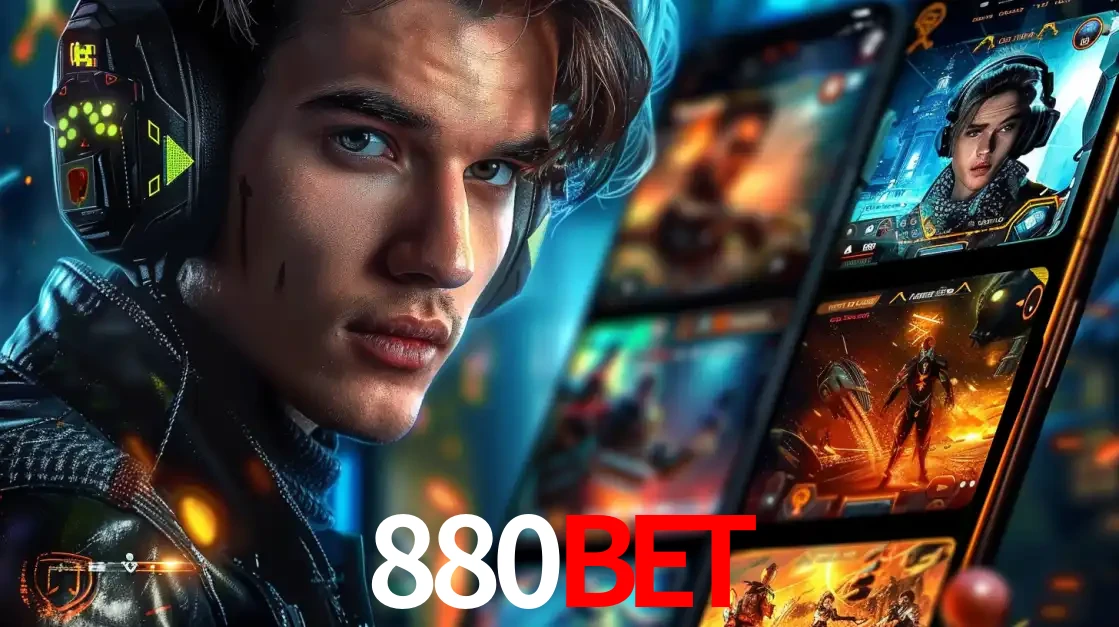 Jovem jogador com fones de ouvido olhando para a câmera, com um aplicativo de jogos e e-sports para celular ao fundo, pronto para a competição e apostas no 880bet.