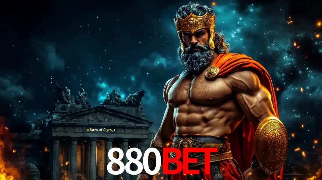 O poderoso Zeus do jogo de slot Gates of Olympus em frente ao seu templo, pronto para lançar multiplicadores divinos e prêmios épicos no cassino online 880bet.