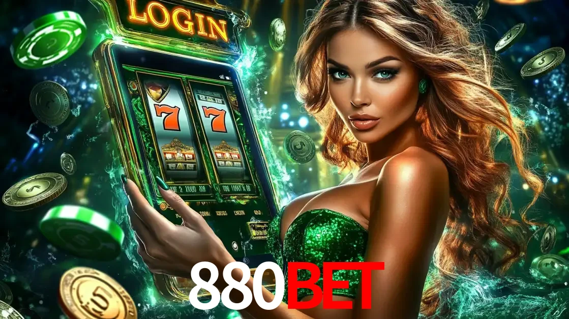 Mulher com tema verde apresentando o aplicativo do cassino 880bet com um jogo de slot de 777, cercada por fichas de cassino e uma aura de sorte.