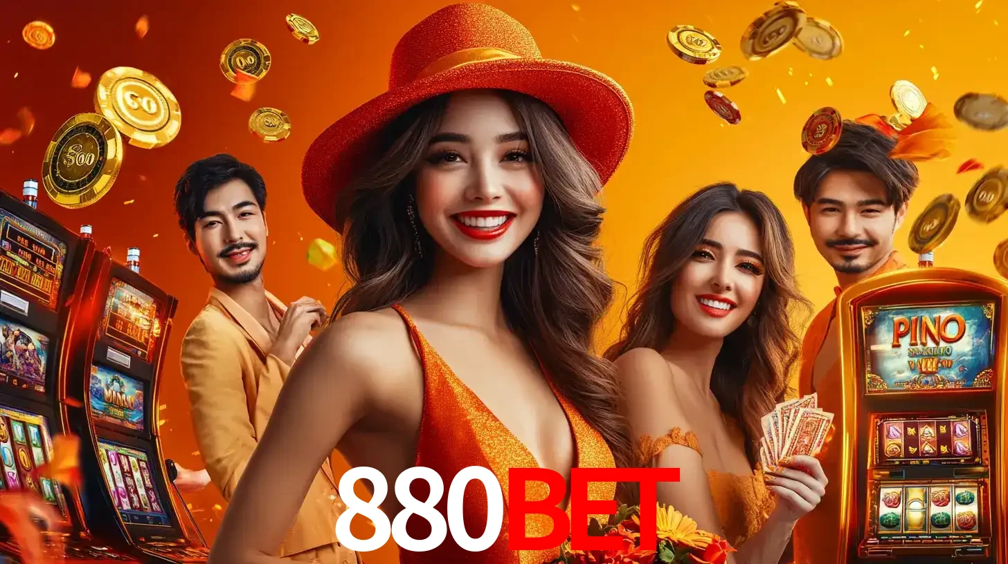 Grupo de amigos asiáticos sorrindo e se divertindo com máquinas de caça-níqueis em um ambiente festivo, celebrando suas vitórias nos jogos de cassino do 880bet.