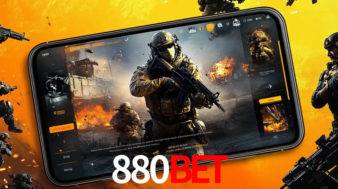 Um smartphone exibindo a interface de um jogo de tiro em primeira pessoa, com um soldado em um cenário de batalha, representando a ação dos e-sports para apostar no 880bet.