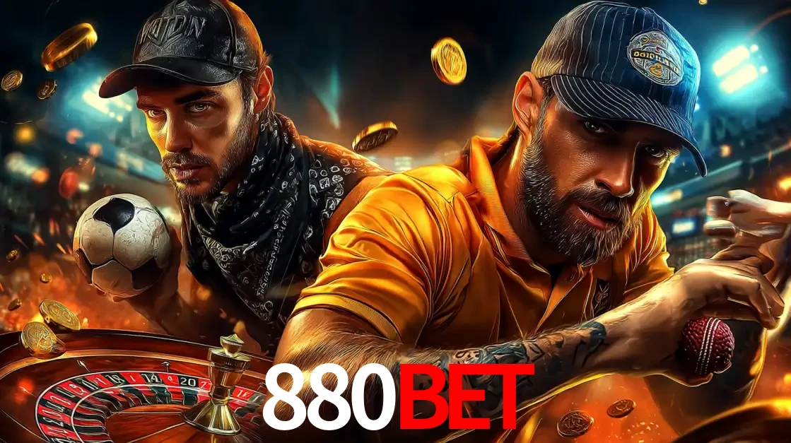 Montagem de apostas esportivas e cassino no 880bet, com um homem segurando uma bola de futebol e outro uma de beisebol sobre uma roleta e moedas voadoras.