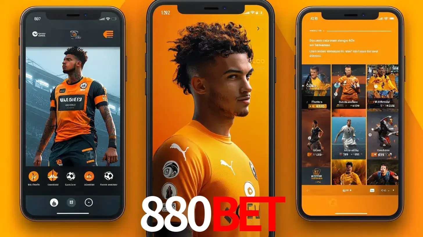 Interface do aplicativo de apostas esportivas 880bet em três telas de celular, mostrando o perfil de um jogador de futebol e a lista de jogos disponíveis para apostar.