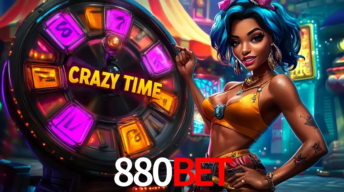 Mulher estilizada com cabelo azul e visual vibrante posando ao lado da roda de prêmios do game show Crazy Time, convidando para a diversão e os bônus do cassino 880bet.