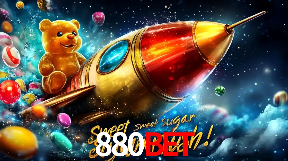 Arte promocional do jogo de slot Sugar Rush, com um urso de pelúcia em um foguete viajando pelo espaço de doces, um dos jogos divertidos disponíveis no cassino 880bet.