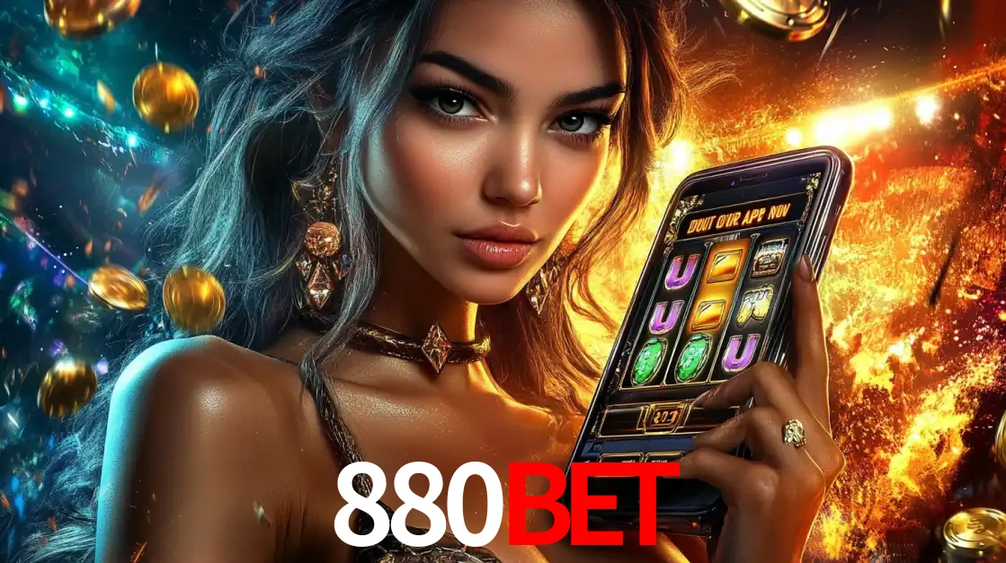 Mulher elegante mostrando um jogo de caça-níqueis em seu smartphone, destacando a experiência de cassino móvel oferecida pelo aplicativo 880bet.
