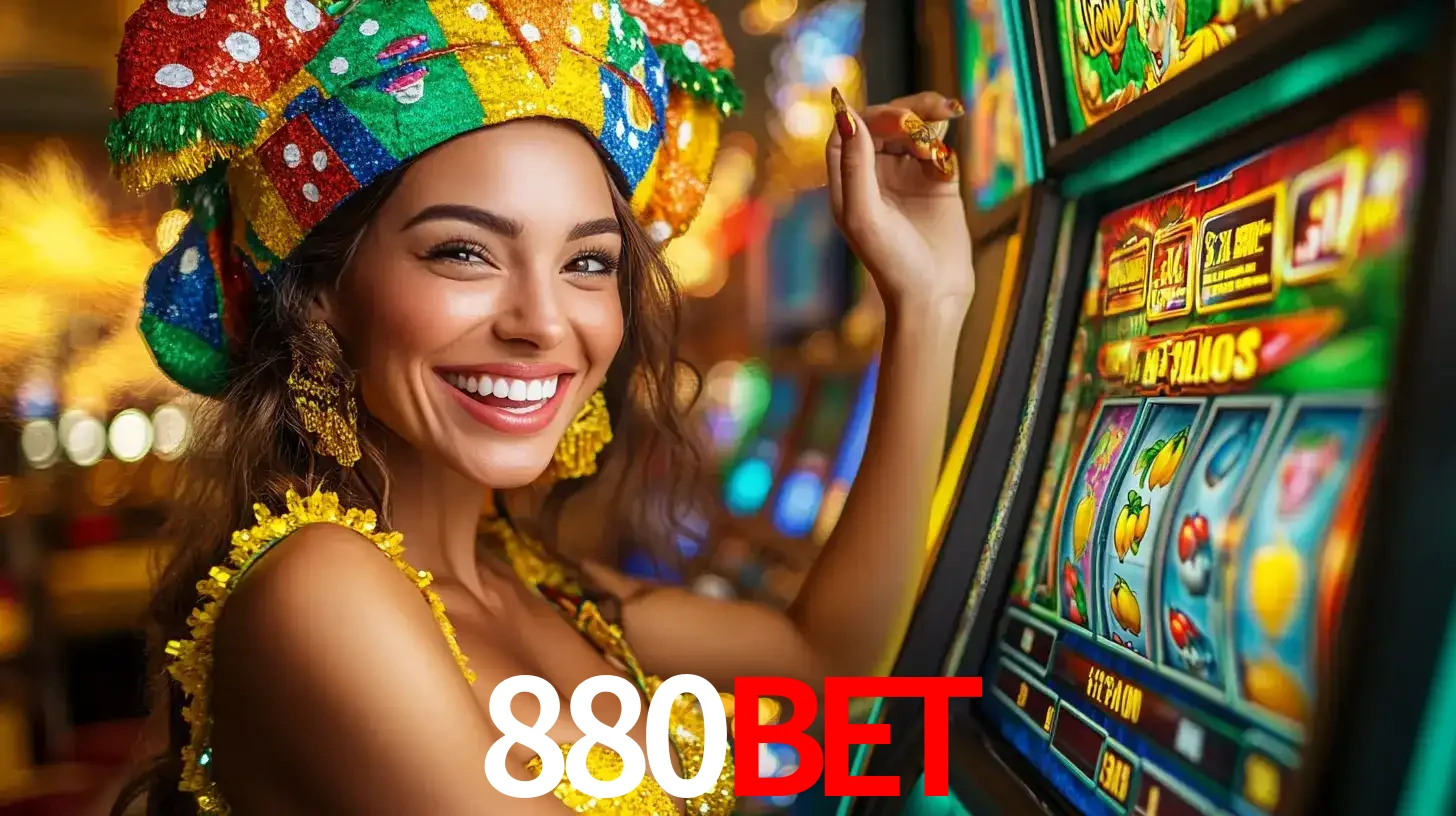 Mulher feliz com traje de carnaval amarelo e colorido ao lado de uma máquina de caça-níqueis, aproveitando a diversão e os jogos temáticos do cassino 880bet.