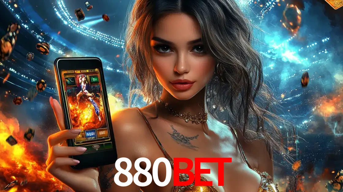 Mulher segurando um celular com um jogo de slot em destaque, tendo como fundo um estádio vibrante, simbolizando a emoção de jogar no cassino móvel 880bet.