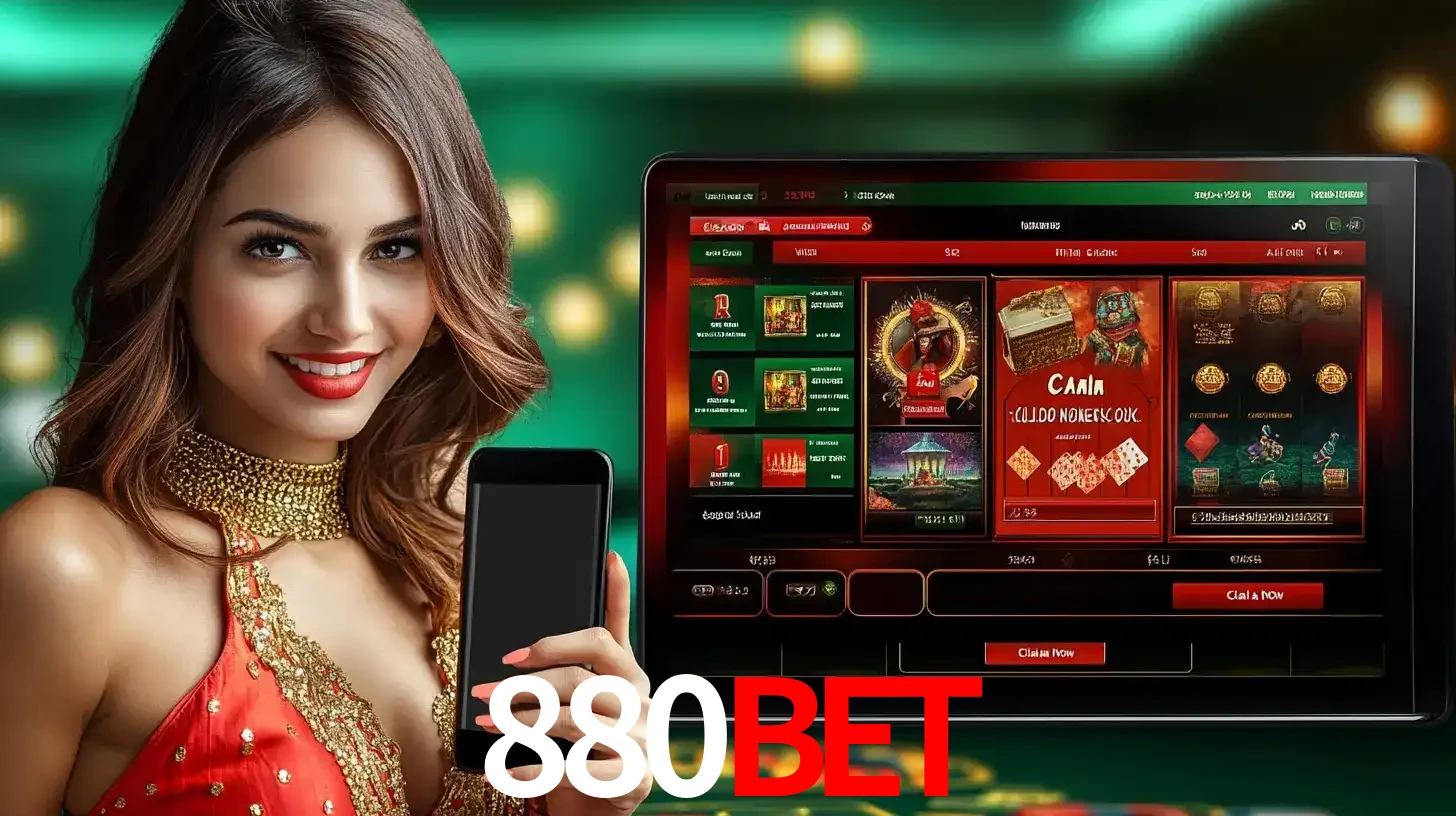 Mulher sorridente segurando um smartphone, ao lado de uma tela exibindo o lobby de jogos do cassino online 880bet, com várias opções de jogos de cartas e slots.